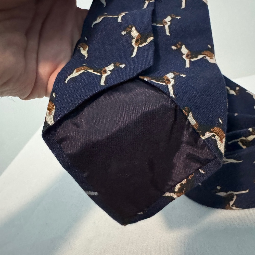 Polo Ralph Lauren Necktie Navy Blue Dog Print 100% Linen Tie Handmade in USA - Picture 3 of 8